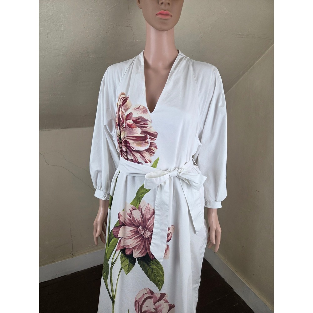 Anthropologie Belted V-Neck Floral Midi Dress MP Medium Petite Cotton Pockets - Picture 3 of 13